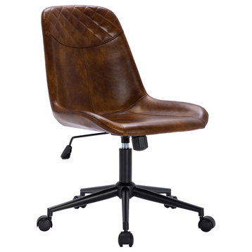 Faux Leather Black Base Swivel Desk Chair, Yellowish-Brown