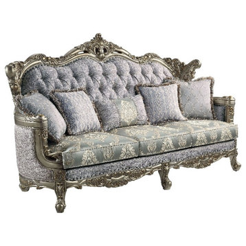 Pemberly Row Tufted Fabric & Wood Sofa with 5 Pillows in Gray/Bronze