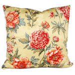 Studio Design Interiors - Jardin Amarillo 90/10 Duck Insert Pillow With Cover, 22x22 - This beautiful pillow starts with a woven damask field in butter yellow as a background for stunning vibrant flowers in deep red orange and white and green. Finished perfectly with a rich red textured woven back. So pretty.