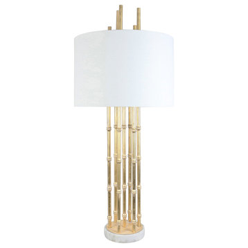 Pipiwai Table Lamp, Gold and White Marble with Off White Shades