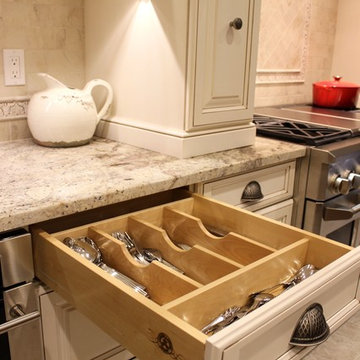 Traditional Mediterranean Off White Kitchen with custom wooden utensil divider d
