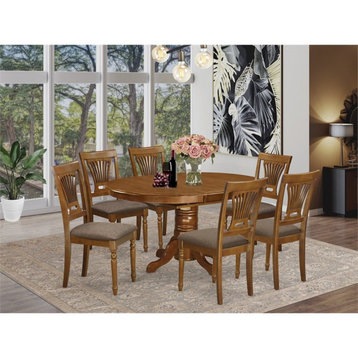 East West Furniture Avon 7-piece Dining Set with Fabric Seat in Saddle Brown