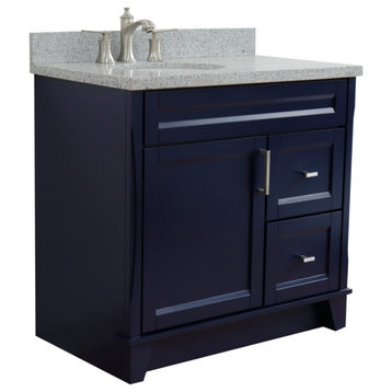 37" Single Sink Vanity, Blue Finish With Gray Granite And Left Door/Left Sink