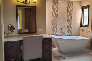 Large transitional master single-sink and exposed beam bathroom photo in San Diego with a hinged shower door and a built-in vanity