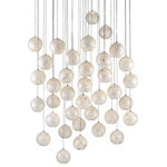 Currey & Company - Finhorn 36-Light Multi-Drop Pendant - The Finhorn 36-Light Multi-Drop Pendant has orb-shaped shades covered with small squares of mother of pearl, painstakingly hand-applied. The stem and canopy of the white pendant light are in a painted silver finish to keep the composition light. This fixture is among Currey & Company's introduction of cluster lights, which includes 1-light up to 36-light configurations. We also offer the Finhorn in an orb pendant.