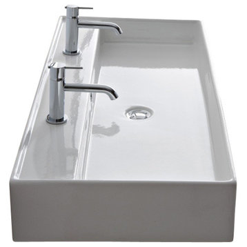 Rectangular White Ceramic Wall Mounted or Vessel Sink, Two Hole