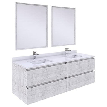 60" Wall Hung Double Sink Modern Bathroom Vanity With Mirrors, Rustic White