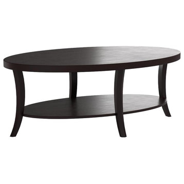 Contemporary Coffee Table, Oval Birchwood Top With Open Compartments, Espresso