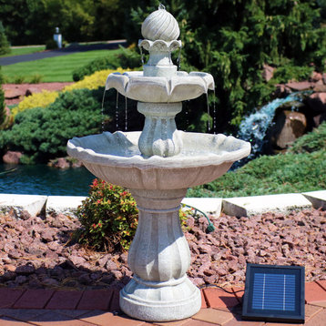 Sunnydaze 2-Tier Outdoor Solar Water Fountain, Solar-on-Demand, White Earth