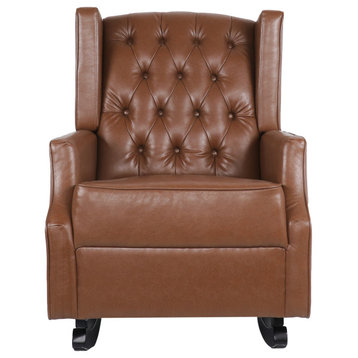 Amedou Faux Leather Tufted Wingback Rocking Chair, Cognac/Dark Brown