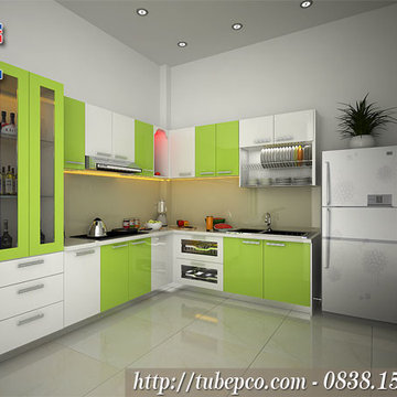 Tủ bếp đẹp kiểu dáng chữ L gam màu tươi mới TBX095