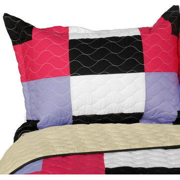 Kamelia 3PC Vermicelli-Quilted Patchwork Geometric Quilt Set Full/Queen