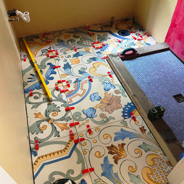 DURING PIC - TILE FLOOR READY FOR GROUT. THIS IS THE ENTIRE BATH!!