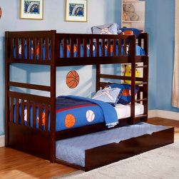 B2013DC-1 DARK CHERRY WOOD KIDS TWIN TWIN BUNK BEDS STORAGE TRUNDLE - Bunk Beds