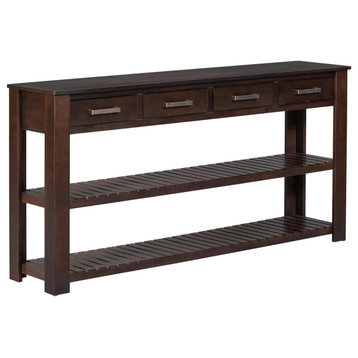 Modern Console Table, Pine Wood Frame With Slatted Shelves & 4 Drawers, Espresso