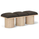 Meridian Furniture - Pavilion Black Boucle Fabric Bench, Brown, Natural Finish, 46.5" W X 18" D X 17.5" H - Bring valuable seating and remarkable style to your space with this Brown Pavilion boucle fabric bench, an exquisite balance of style and usability for the entryway, bedroom, and beyond. Crafted from oak veneer with a natural finish, this bench has a 4-inch-thick seat cushion that's channel-tufted for a touch of luxury. The bench's columnar bases add a dash of art deco design, making it a captivating focal point in any room.