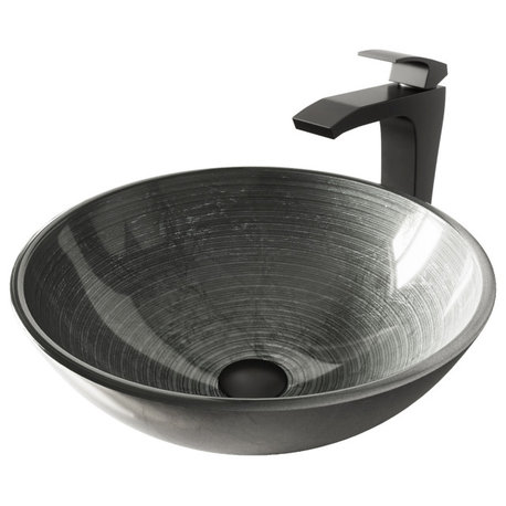 VIGO Simply Silver Glass Vessel Sink and Blackstonian Faucet Set, Matte Black