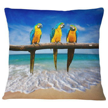 Blue Gold Macaws at Beach Seashore Photo Throw Pillow, 18"x18"
