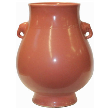 Chinese Elephant Head Accent Pink Orange Glaze Vase Pot Hws1138