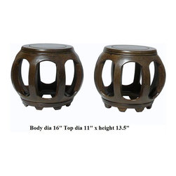 Pair Chinese Feather Pattern Wood Barrel Shape Stool - Footstools And Ottomans