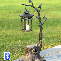 Bird on Branch Lantern with Speakers - Garden Statues And Yard Art