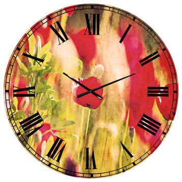 Red Poppies On Green Background Flower Large Metal Wall Clock, 36x36