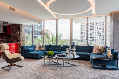 Example of a trendy open concept tray ceiling living room design in Miami