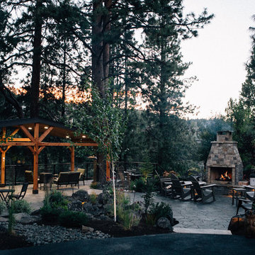 Deschutes River Landscape with Perennial Beds, Roofed Pergola and Water Feature