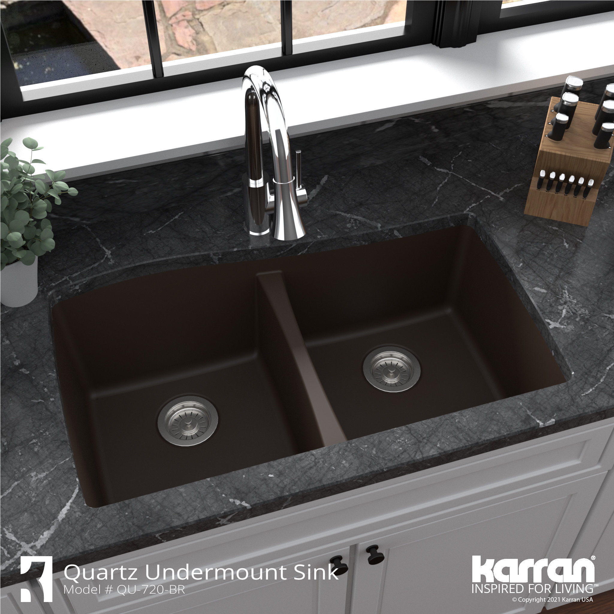 Karran Undermount Quartz 33" 50/50 Double Bowl Kitchen Sink, Brown
