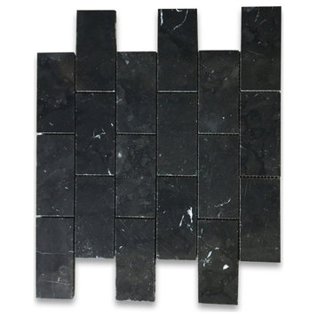 Nero Marquina 2x4 Subway Brick Mosaic Tile Honed Black Marble, 1 sheet