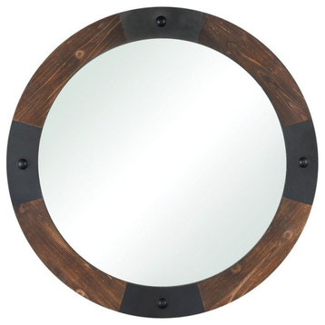 Rustic Round Wall Mirror in Burnished Fir Finish Thick Aged Wood Frame 35.5