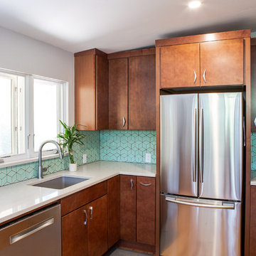 Midcentury Modern Style Kitchen with Blue Tile Backsplash