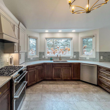 Two Tone Kitchen with Wood Stained and Light Beige Cabinets