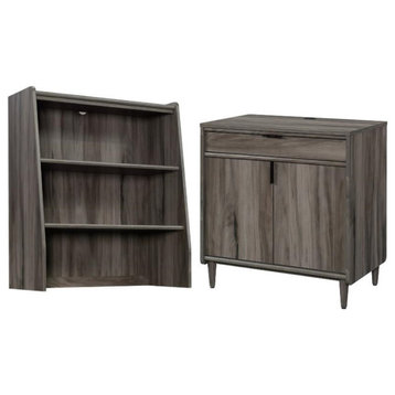 Home Square 2-Piece Set with Library Base Storage Cabinet & Hutch in Jet Acacia