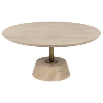 Maxwell Dark Brown Wood w/Black Metal Pedestal Base Round Coffee Table, Light Br
