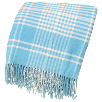 Two-Color Plaid Throw with Fringe, Turquoise
