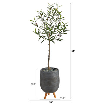 4.5' Olive Artificial Tree, Gray Planter With Stand