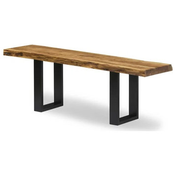 Industrial Dining Bench, Square Metal Legs & Rectangular Wood Top, Black/Natural