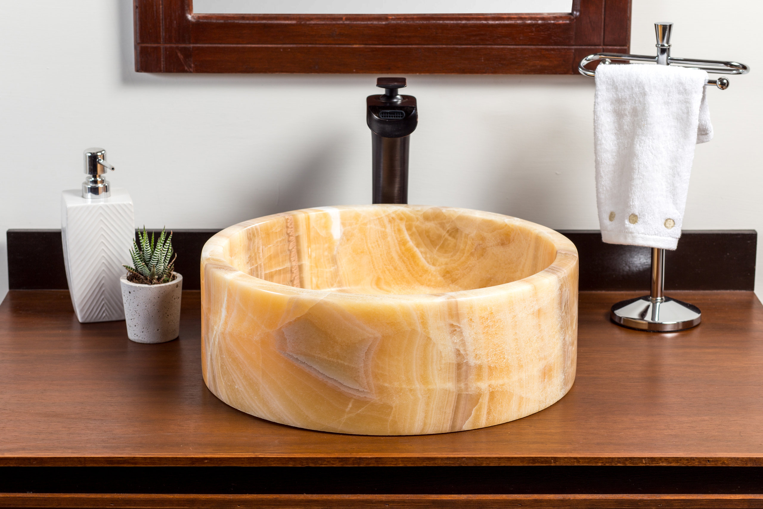 Natural Stone Vessel Bathroom Sink, Blizz Honey Onyx