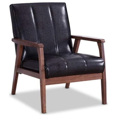 Mid Century Black Leather Accent Chair, Rubberwood Frame, Padded Seat