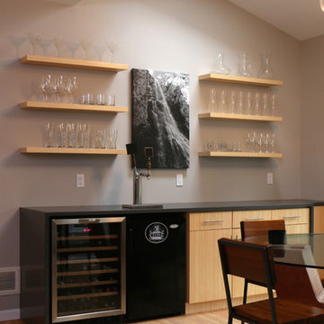 Contemporary Kitchen with Glass Backsplash & Bamboo