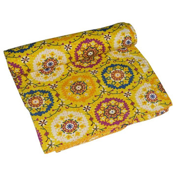 Suzani Print Kantha Quilt Throw, Queen, Yellow