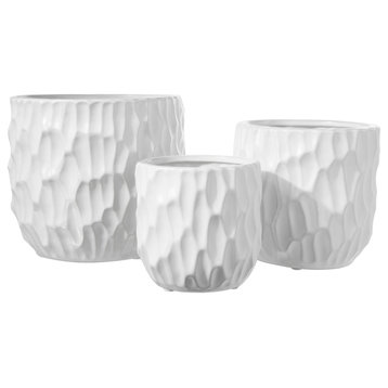Round Ceramic Pot with Scooped Pattern Design Body Matte White Finish, Set of 3