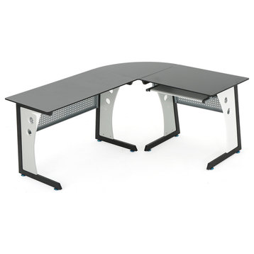 GDF Studio Orion L Shaped Office Desk with Tempered Glass Top