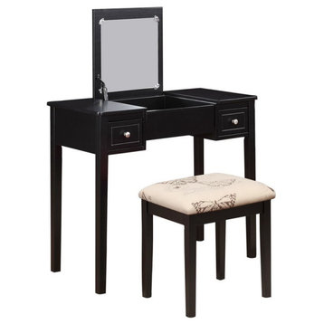 Linon Butterfly Wood Vanity and Padded Stool Flip Up Mirror 2 Drawers in Black
