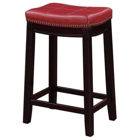 Linon Claridge Backless Counter Stool Red Faux Leather Wood Frame in Dark Brown