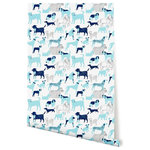 Hygge & West - Dog Park, Blue - This playful wallpaper is inspired by some of our best friends. The dogs are rendered with basic shapes so that everyone can spot their own furry friend among the group. 100% of profits from this pattern are donated to animal shelters to help all dogs find the loving homes they all deserve.