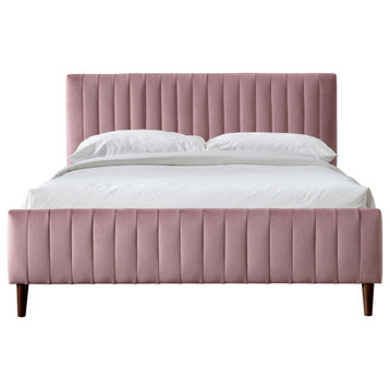 Omax Decor Spencer Upholstered Platform Bed, Blush Velvet, Queen