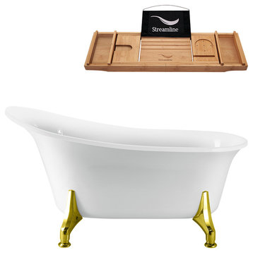 59" White Clawfoot Tub and Tray, Gold Feet, Chrome Internal Drain