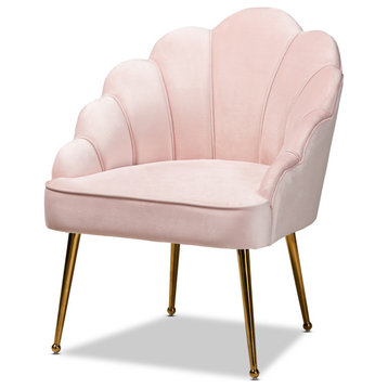 Sanaya Upholstered Seashell Shaped Accent Chair, Light Pink/Gold